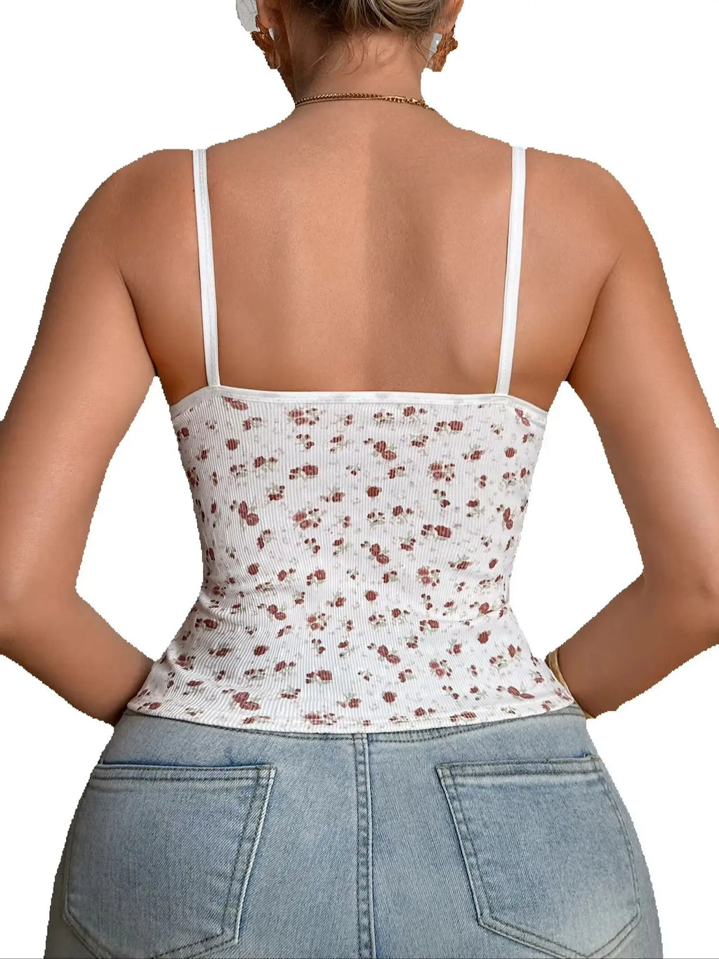 Women Ribbed Floral Cami Top Sleeveless Spaghetti Strap Tank Top Summer Slim Fit Comfy Casual Lace neckline Camisole