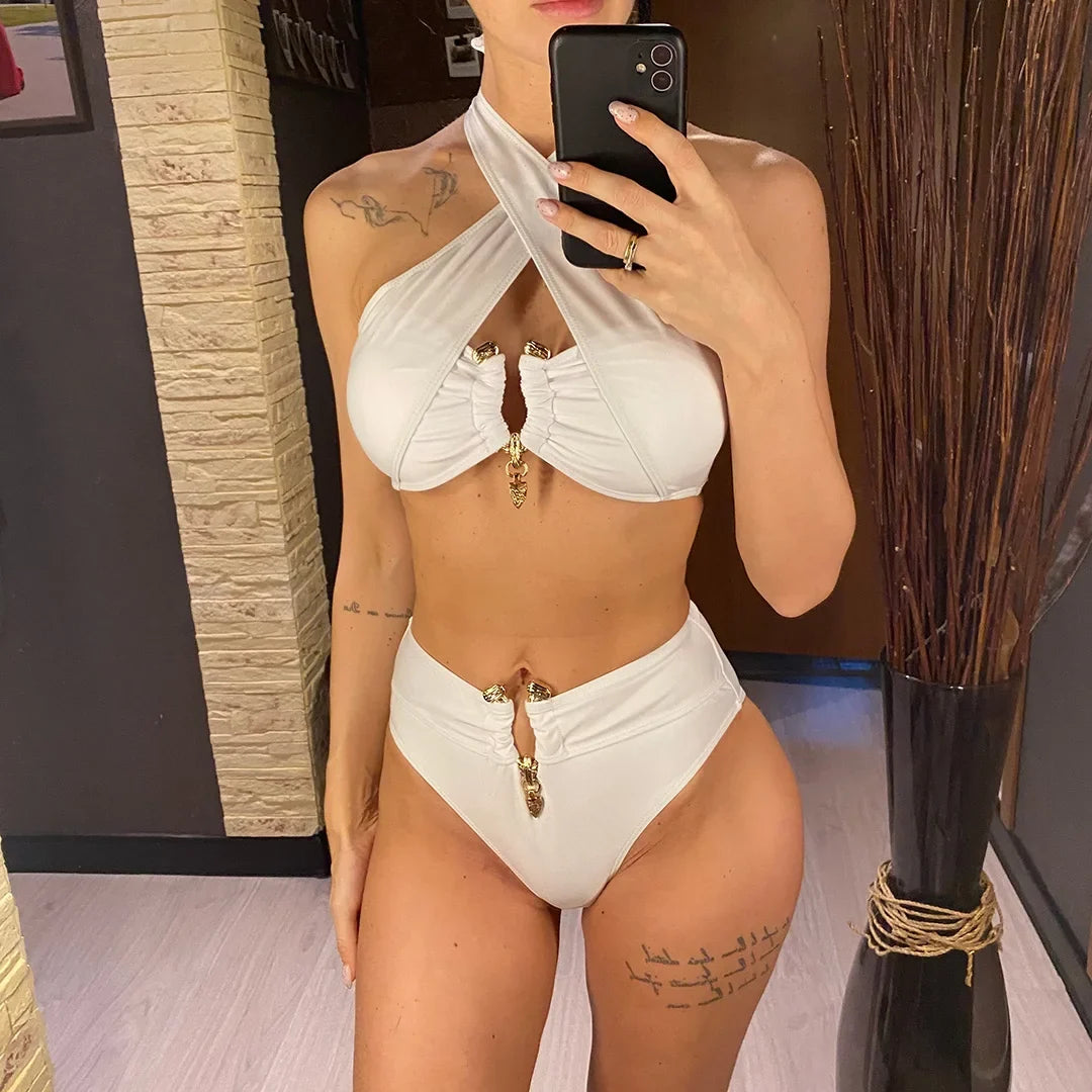 2026 Halter Cut Out High Waist Bikini Female Swimsuit Women Swimwear Two-pieces Bikini set Padded Bather Bathing Suit Swim V6256