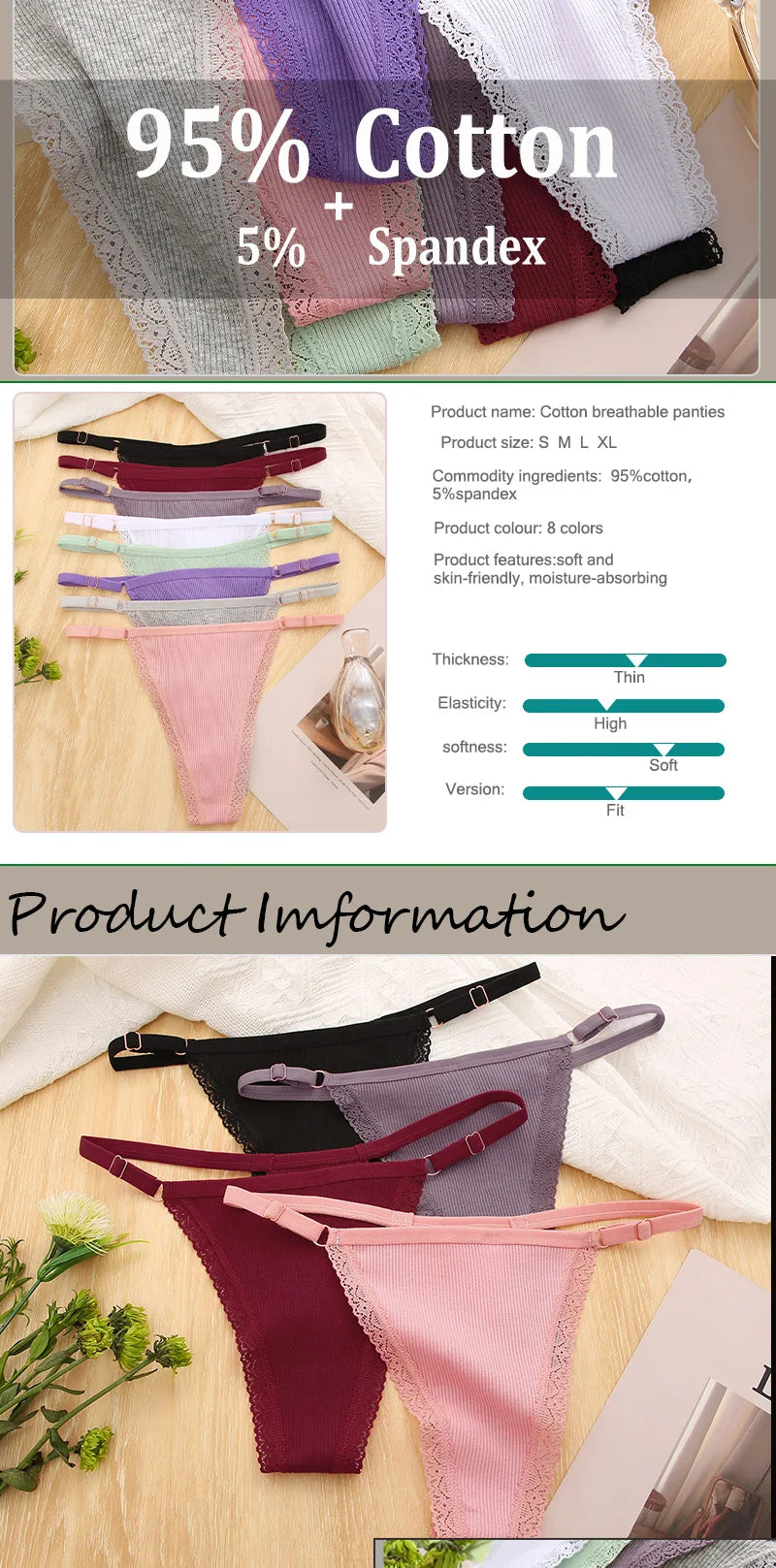 5PCS Women Cotton Panties Sexy Adjustable Waist G-String Women's Underwear T-Back Lingerie Femme Underpants Briefs Thong Female