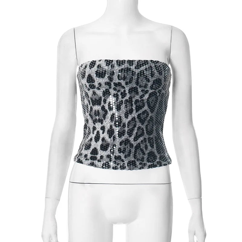 Sexy Chic Leopard Printed Corset Tops Women's Fashion Skinny Zip-up Sequins Crop Tops Strapless Night Club Outfit Streetwear