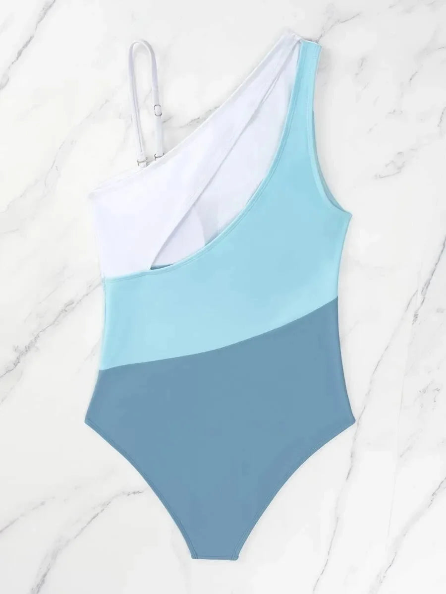 2026 Colorblock Cut Out One Shoulder Swimsuit One Piece Swimwear Women Sexy Bather Bathing Swimming Swim Suit Female Beachwear