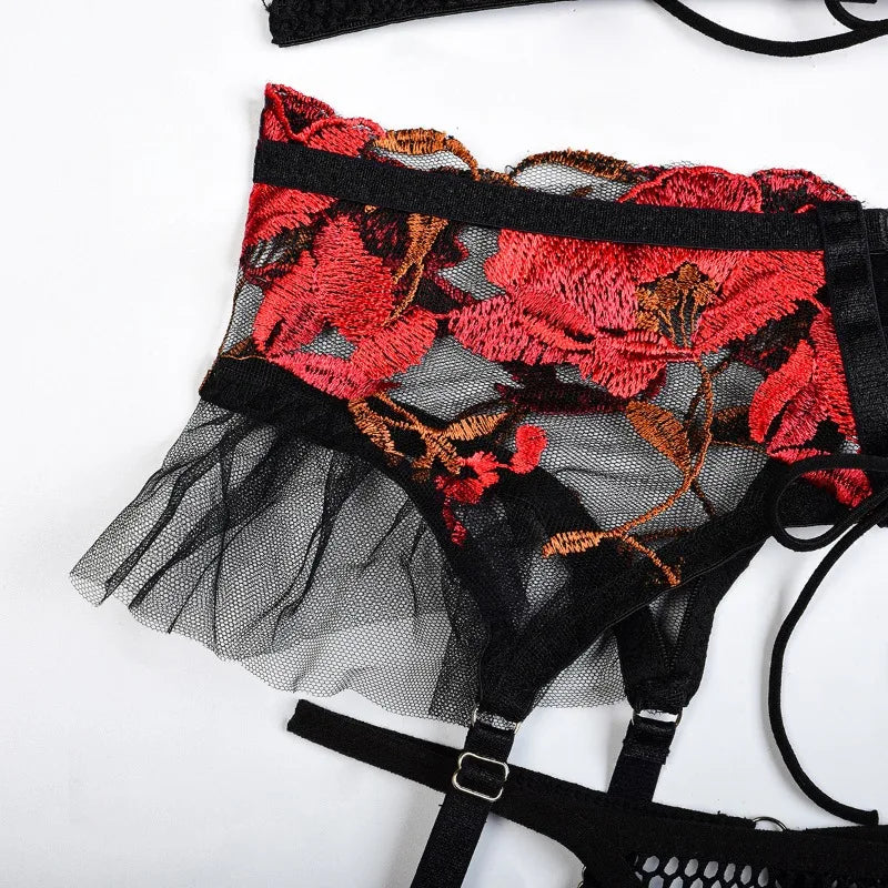 Toucheart 4-Piece Sexy Lingerie Set Women Embroidered Flower Straps Cross Hollow Out Mesh Patchwork Sexy Lace Up Bra Garters Set