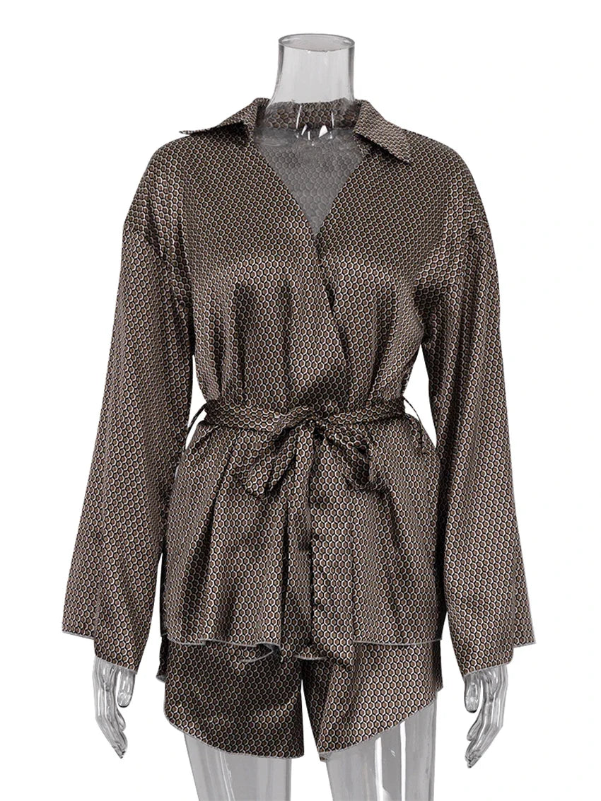 Marthaqiqi Fashion Ladies Nightgowns Suit Turn-Down Collar Robe Lace Up Pajama Long Sleeve Sleepwear Shorts Printing Nightie Set