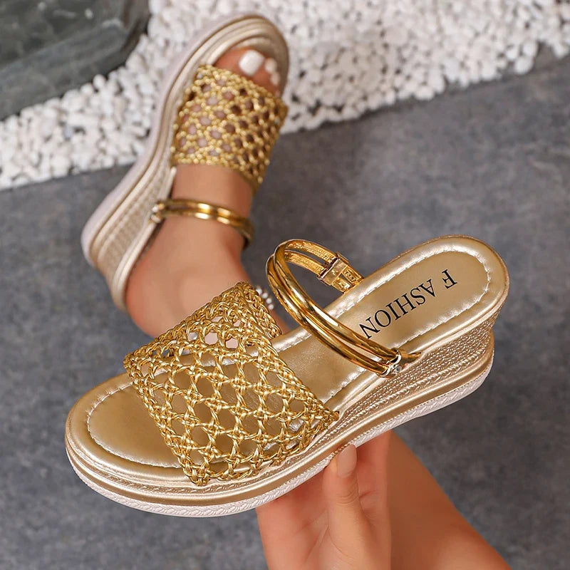 Hollow Out Gold Wedge Heels Sandals Women Plus Size 43 Chunky Platform Slippers Woman Summer Slip On Weave Thick Sole Sandles