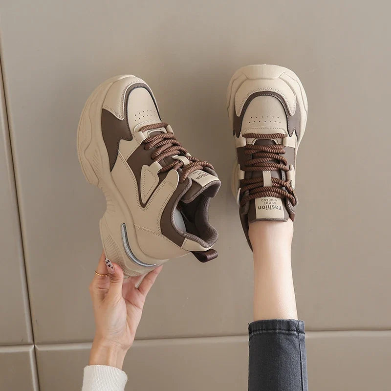 Chunky Platform Women Sport Sneaker Lace-Up Thick Bottom Vulcanize Shoes Woman Spring Autumn Pu Leather Breathable Running Shoes