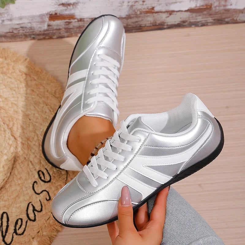 Plus Size 43 Silver Sneakers Women 2026 New Soft Sole Non Slip German Training Shoes Woman Comfortable Fashion Lace Up Flats