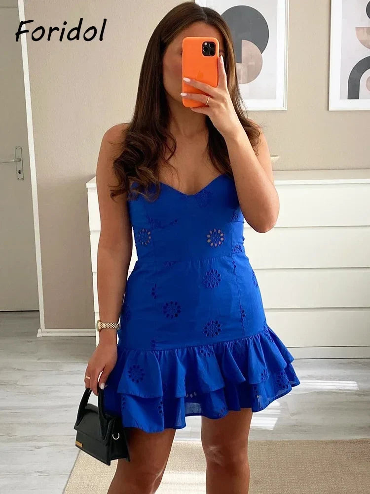Foridol Lace Cotton Mini Summer Women Dress Sundress Party Solid Beach Zipper Smocked Short Party Sexy Vestidos Beach Robe