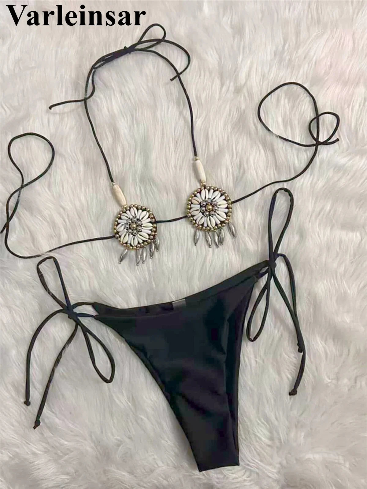 New Sexy Shell Beads Scalloped Bikini Women Swimwear Female Swimsuit Two-Pieces Bikini Set Halter Bather Bathing Suit Swim V8026
