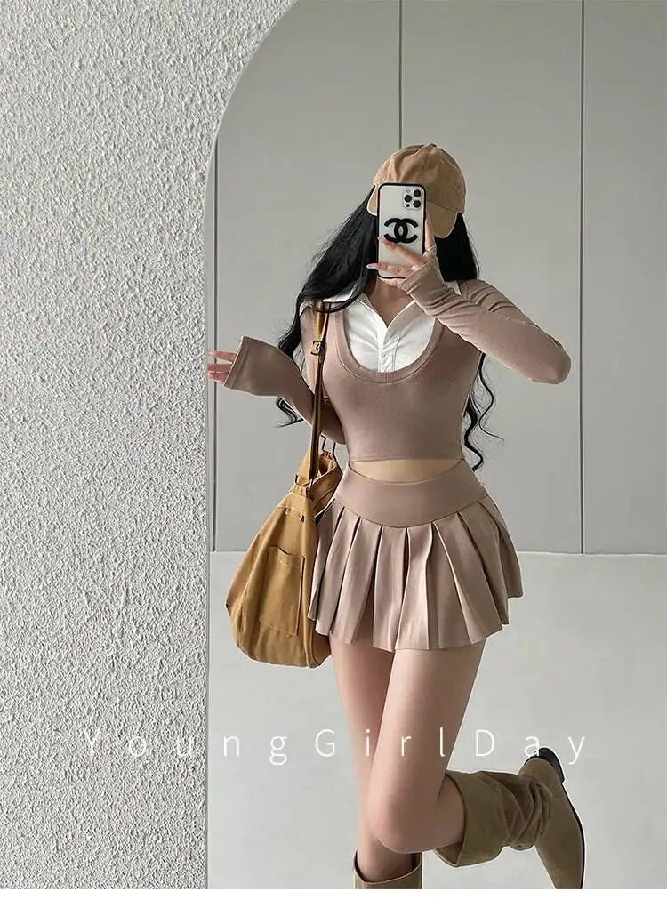 WOMENGAGA Fahsion Women Skorts Spicy Girl Sexy High Waist SlimA-LINE Pleated Skirt Half Body Short Skirt Sweet Korean Style 8NDZ