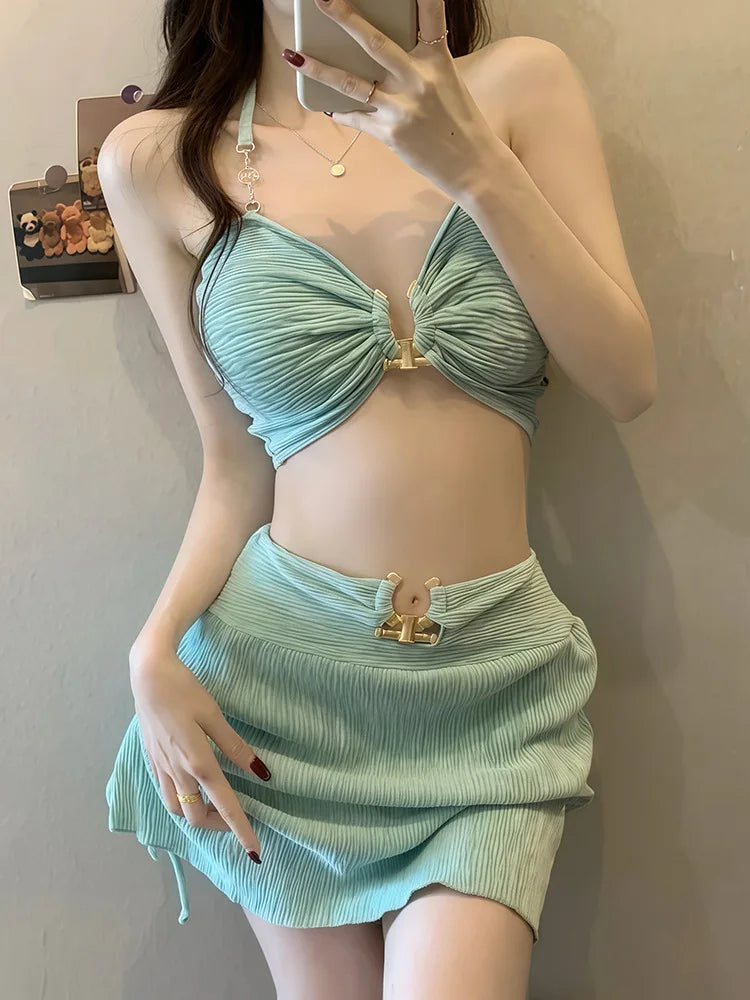 Korean Cover Up 3 Piece Bikini Set 2025 Swimwear Women Green Metal Strap Push Up Drawstring Skirt Swimsuit Beach Bathing Suits