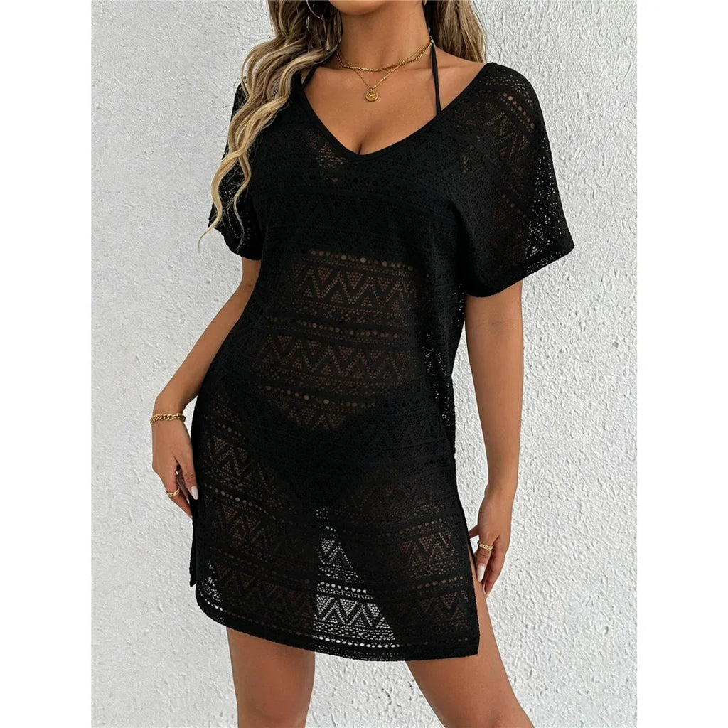 S - XL V Neck Short Sleeve Hollow Out Knitted Tunic Beach Cover Up Cover-ups Beach Dress Beach Wear Beachwear Female Women V8214