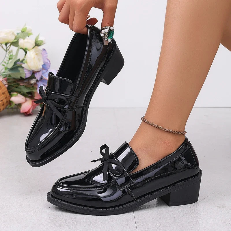 Patent Leather Bowknot Oxford Shoes Women Plus Size 43 Pointed Toe Thick Heel Pumps Woman Elelgant Slip On Pu Leather Shoes 2026