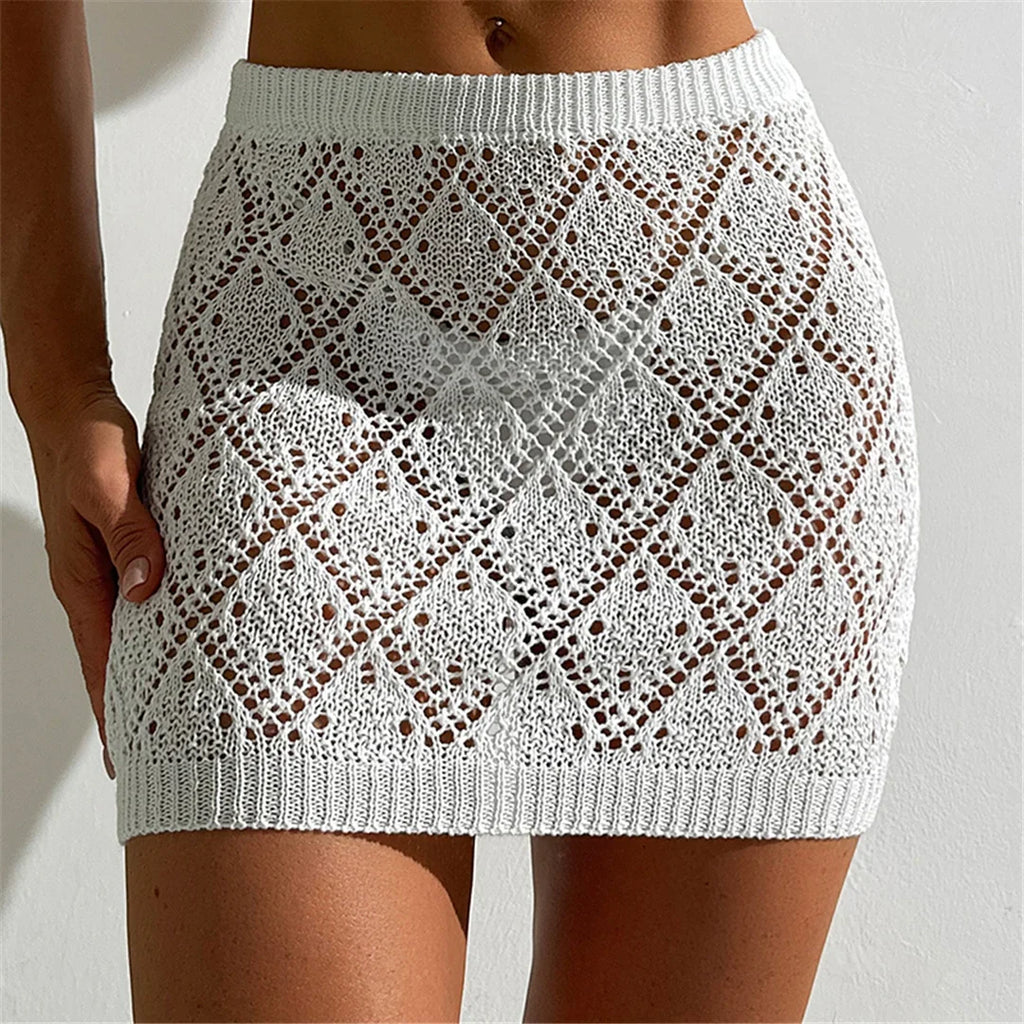 Sexy Hollow Out Crochet Knitted Tunic Beach Cover Up Cover-ups Beach Dress Beach Wear Beachwear Mini Skirt Female Women K6587