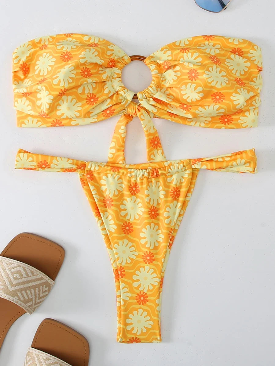 Ring Link Bandeau Bikini 2026 Floral Strappy Swimsuit Women Padded Swimwear Female Bathers Bathing Swimming Swim Suit Beachwear