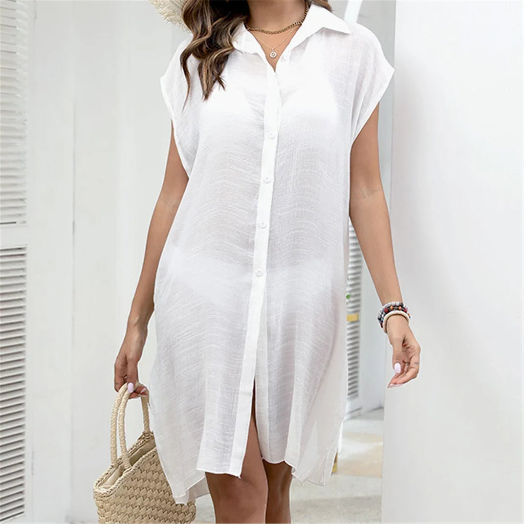 New White Shirt Short Sleeve Long Top Blouse Tunic Beach Dress Beach Wear Beachwear Beach Cover Up Cover-upsFemale Women V6330