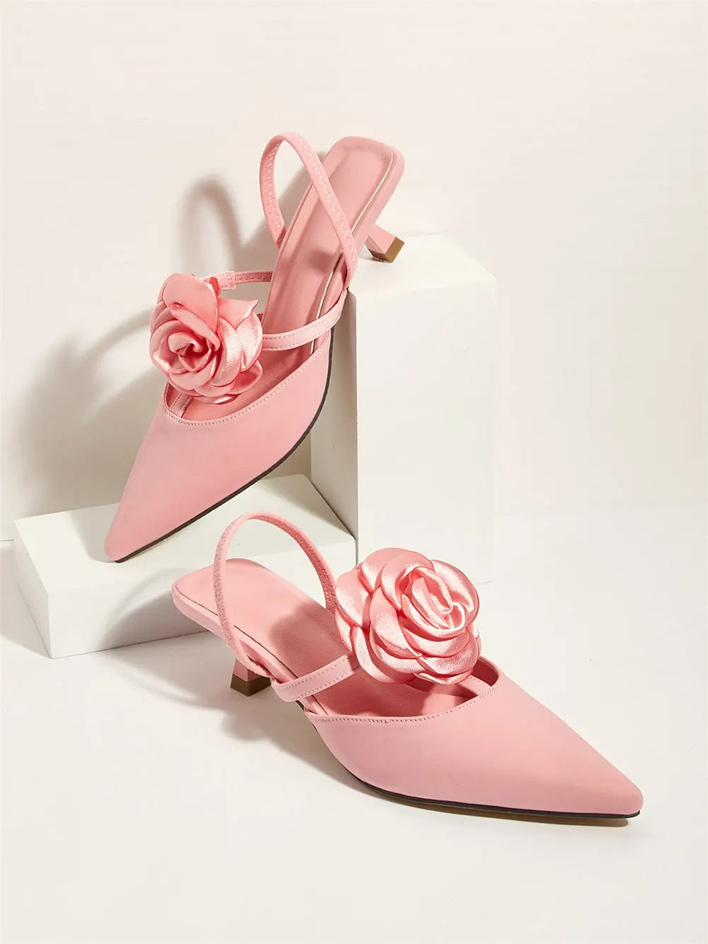 2025 Large Size 43 Summer Women's Pointy Toe Kitten Heels Slingback Pumps Elegant Satin Sandal Rose Flower Office Lady Shoes