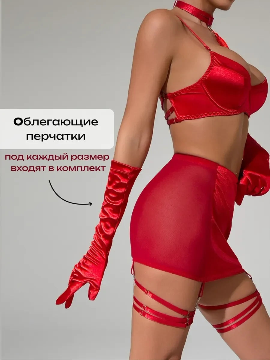 Toucheart Hot Lingerie Women Sexy Tassel Tempting Satin Spliced Mesh ip Skirt with Gloves Split Erotic Lingerie Sexy Underwear