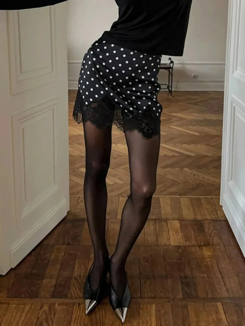FDYOUI 2026 Woman Clothes Lace Patchwork Polka Dot Skirts Female Sexy Tight Short Skirt Black Party Night Club Dress Streetwear