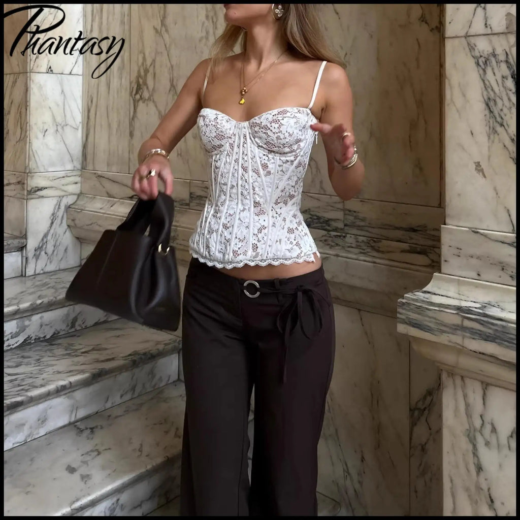 Phantasy Summer Fashion Tank Top Women Elegant Lace Top Sexy Slim Fit Lace up Camisole Lady Casual Streetwear Women Clothing