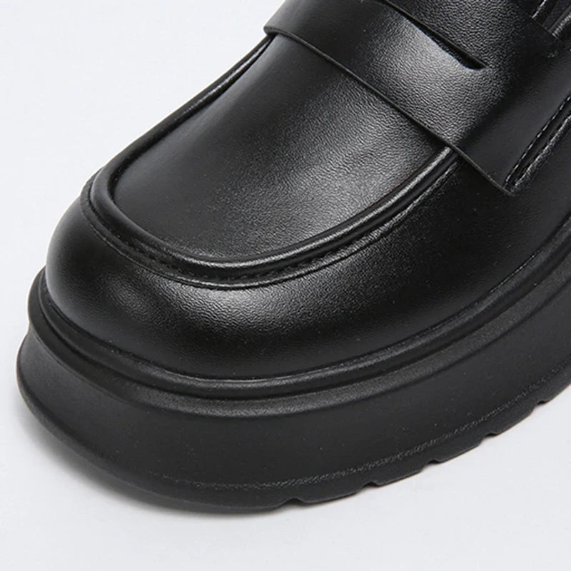 Brown Pu Leather Platform Loafers for Women British Style Round Toe Thick Heel Pumps Woman Slip On High Heels Office Shoes Lady