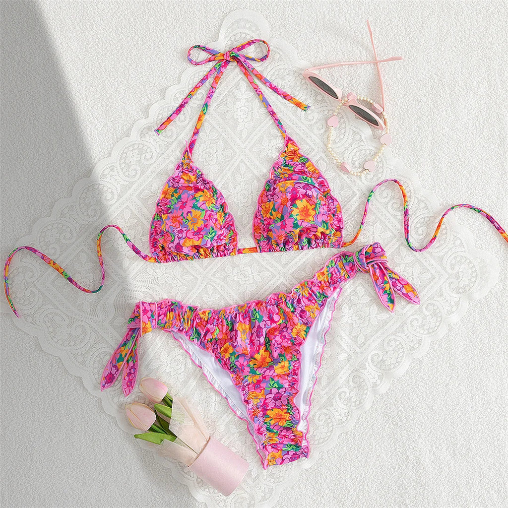 S - XL Floral Flower Printed Halter Bikini Women Swimwear Female Swimsuit Bather Bathing Suit Swim Two-pieces Bikini set K8104