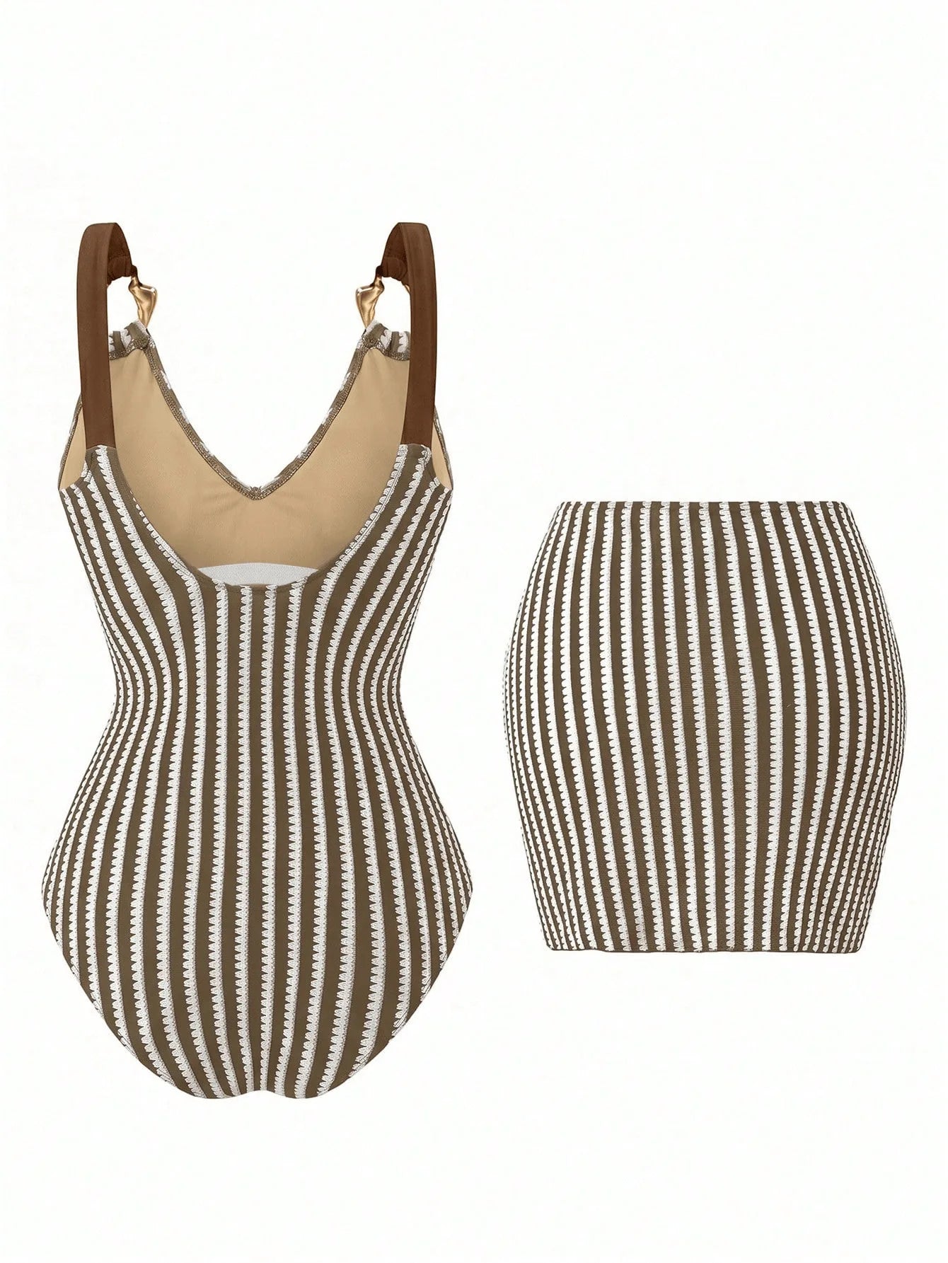 Vintage Black Striped Swimwear Skirts Set Women 2026 Metal Buckle Strap V Neck Slimming Bathing Suit Holiday One Piece Swimsuit