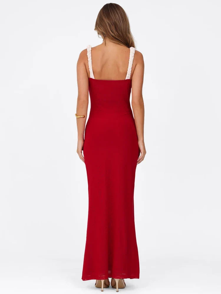 V Neck Spaghetti Strap Red Party Women's Dress Flower Decor Elegant Sleeveless Bodycon Maxi Vestidos 2025 Beach Casual Long Robe