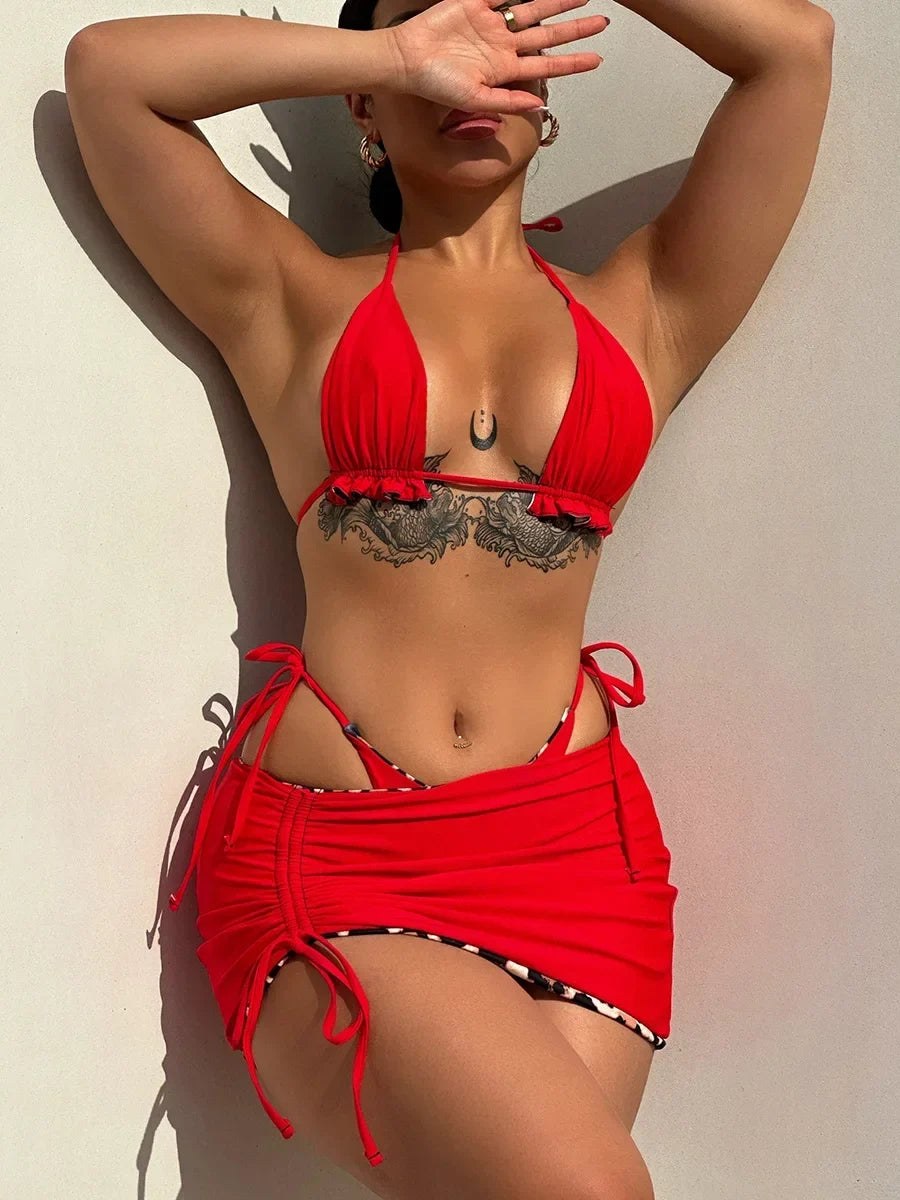 XS - L Doulbe Side Wearable Reversible Bikini Women Swimwear Female Swimsuit Three-pieces Bikini Set Ruffled Bathing Suit Swim