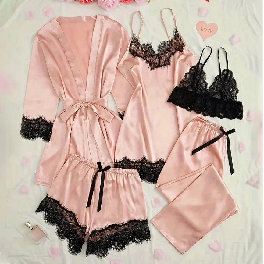 Women's Satin Sleepwear Pajama Set Pink Sexy Lingerie Bath Robe Lace Patchwork Silk Night Dress Trousers Home Clothed Nightwear