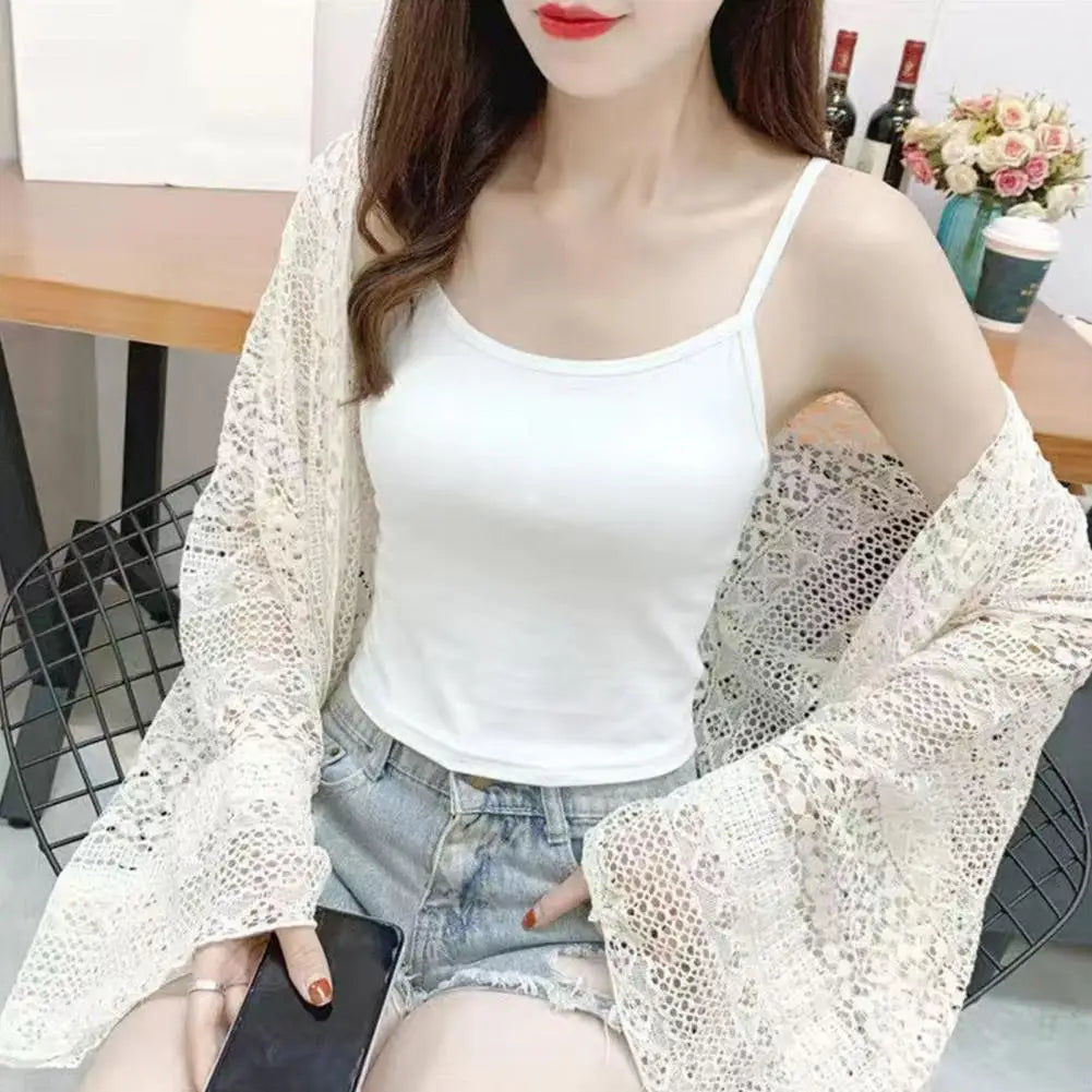 Women Summer Vest U-Neck Sleeveless Slim Fit Tank Tops Thin Vest Solid Color Lace Trimmed Camisole Streetwear