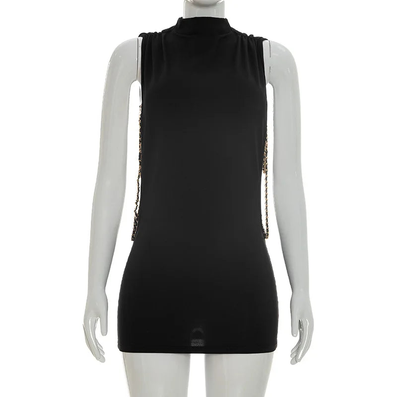 FDYOUI Women 2026 Summer Sleeveless Hollow Out Slim Mini Dress Sexy Package Hip Short Party Night Club Dresses Black Streetwear