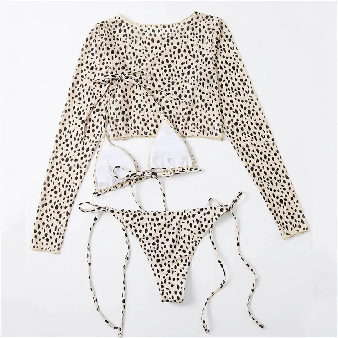 S- XXL Leopard Printed Long Sleeve Bikini Women Swimwear Female Swimsuit Three-piece Bikini set Bather Bathing Suit Swim V3193SW
