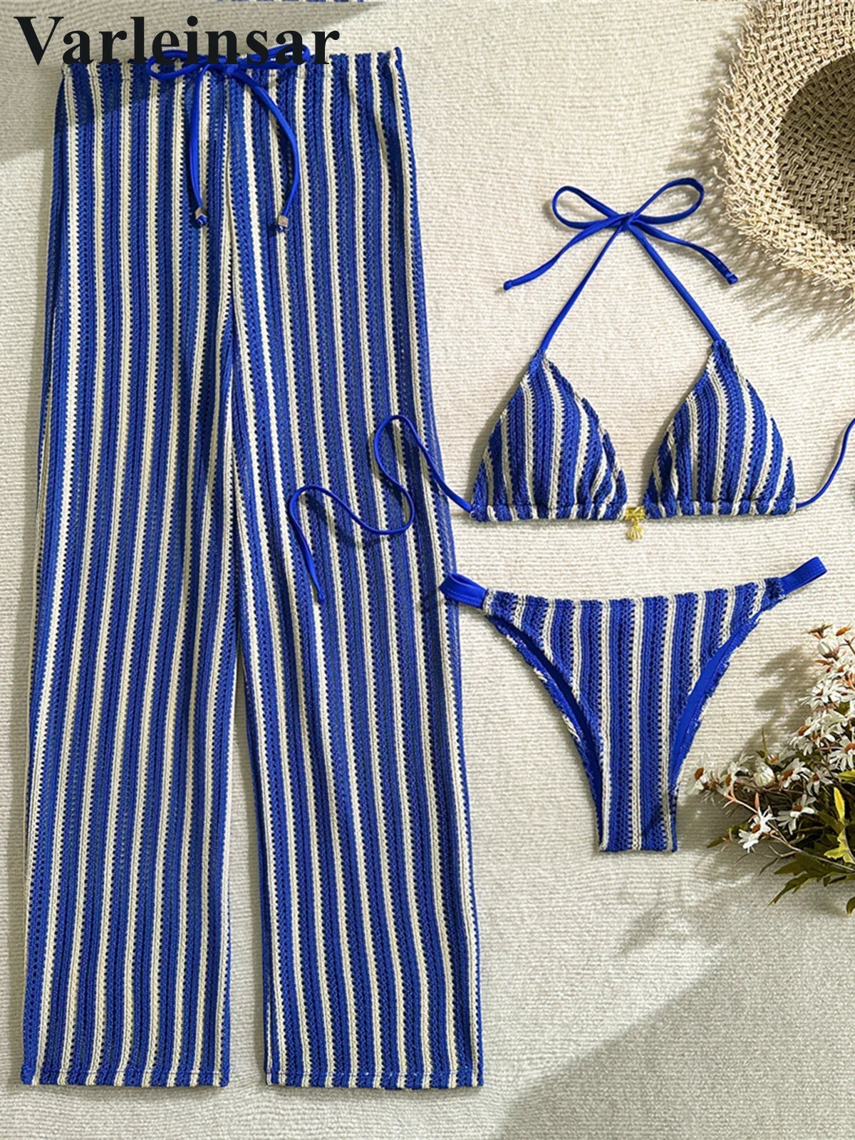 With Pants Striped Halter Bikini Female Swimsuit Women Swimwear Three-Pieces Bikini Set Brazilian Bather Bathing Suit Swim V7838