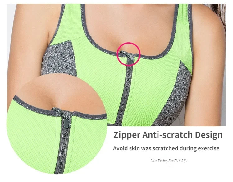 Sports Bra Women Front Zipper Double Inner Cup Push Up Patchwork Tops Female Yoga Fitness Shockproof Vest Sport Bras for Women