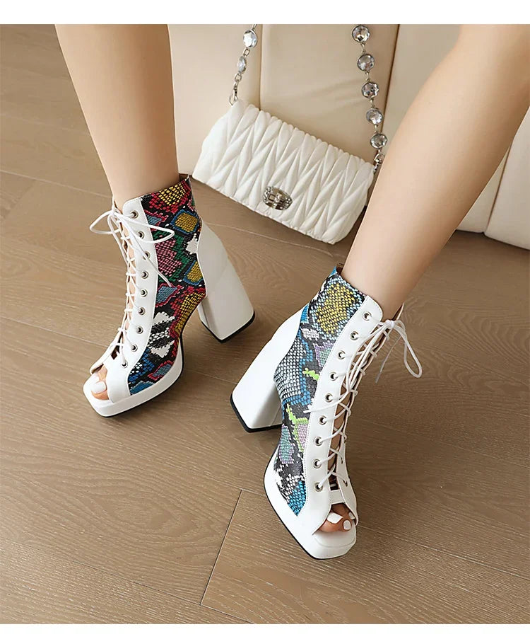 White Floral Embroidered Peep Toe Lace-Up Chunky Block Heel Platform Hollow Out Ankle Sandal Boots for Women