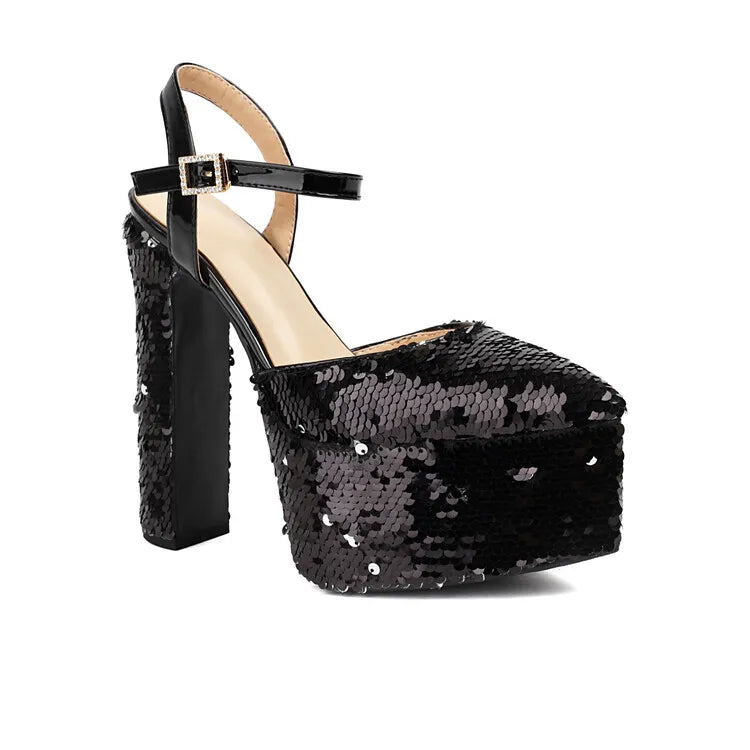 Women Platform Pointed Sandals 15.5CM/6Inch Summer Model Show Sequin Heels Europe and America Nightclub Party Large Size Shoes