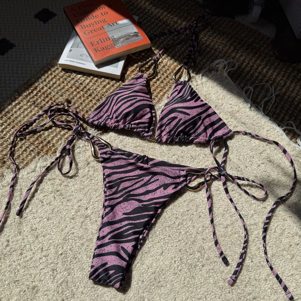 Zebra Print Micro Bikinis Sets Two Pieces Women Halter Metal Ring Swimsuit Brazilian Summer Bathing Suit Swimwear Swimming Suit