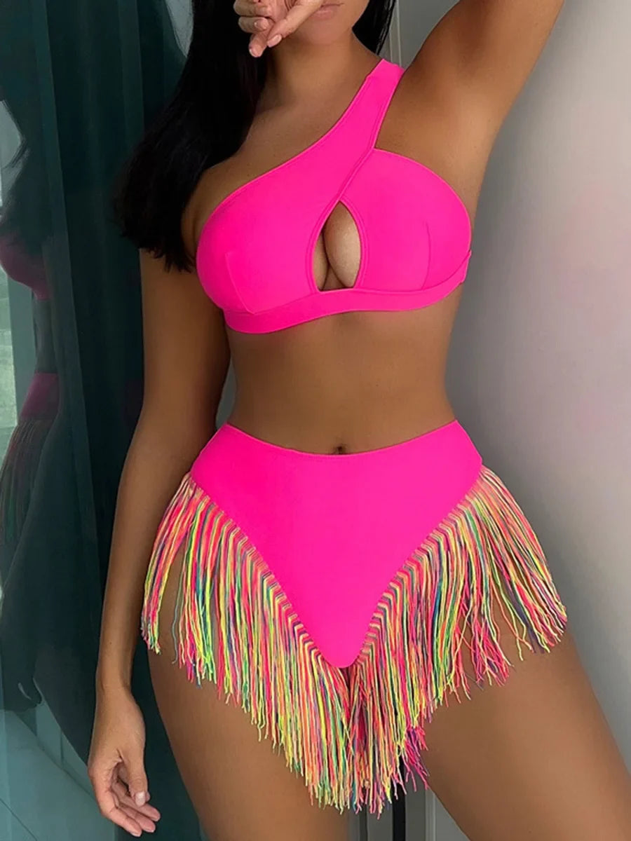 Fringe Tassel One Shoulder High Waist Bikini Women Swimwear Female Swimsuit Two-pieces Bikini Set Hollow Out Bathing Suit Swim