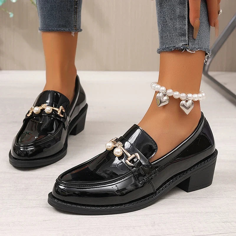 Office Ladies Patent Leather Oxford Shoes Plus Size 43 Pointed Toe Thick Heel Pumps Women British Style Slip On Student Shoes