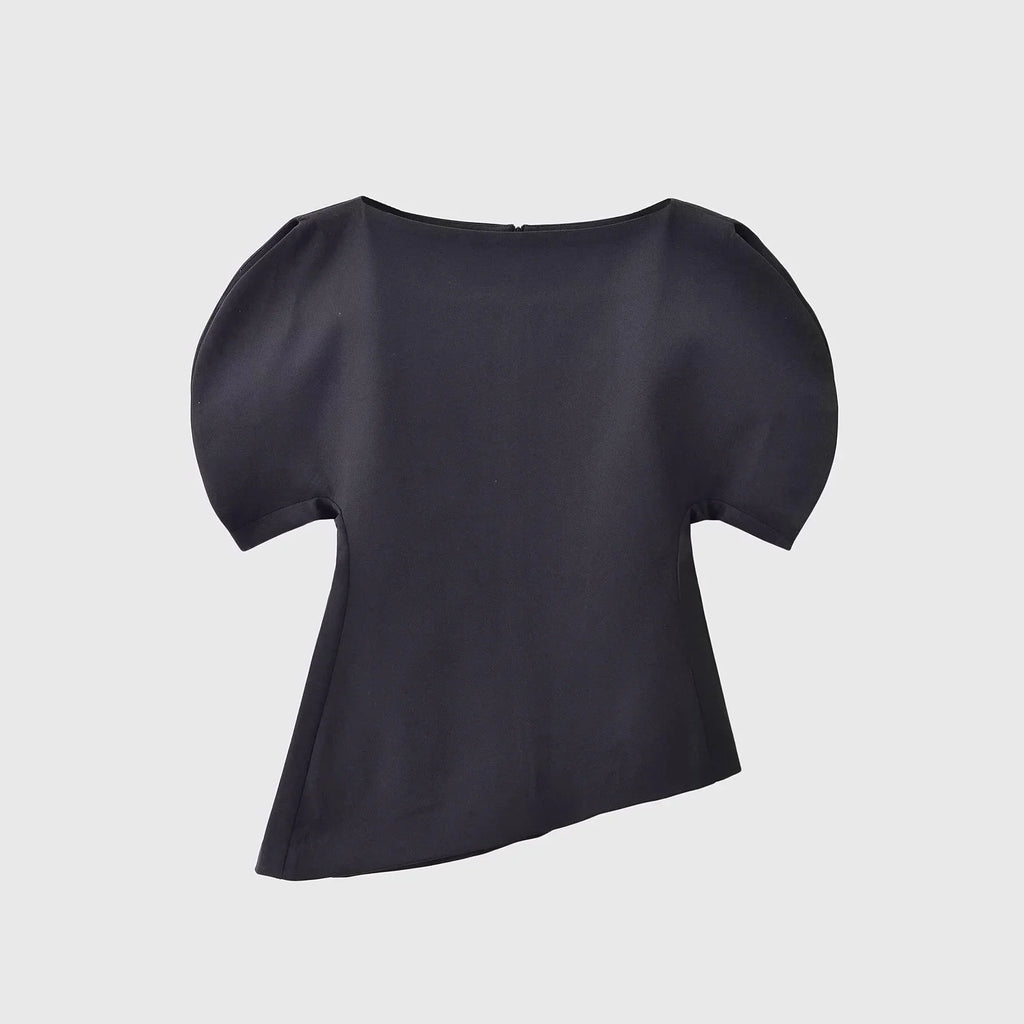 Women's Fashion Casual Short Sleeve Top Women Solid Black Boat Neck Puff Sleeve Hem Top Slim Fit Casual Blouse For Party 0PX4