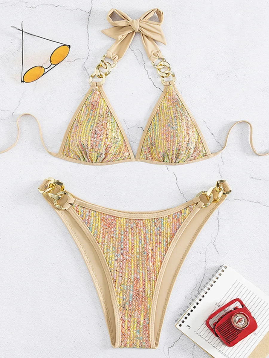 Shiny Sequins Bikinis 2025 Metal Chains Bikini Women Swimwear Female Swimsuit Two-pieces Bikini Set Bathing Suit Swim Beach Wear