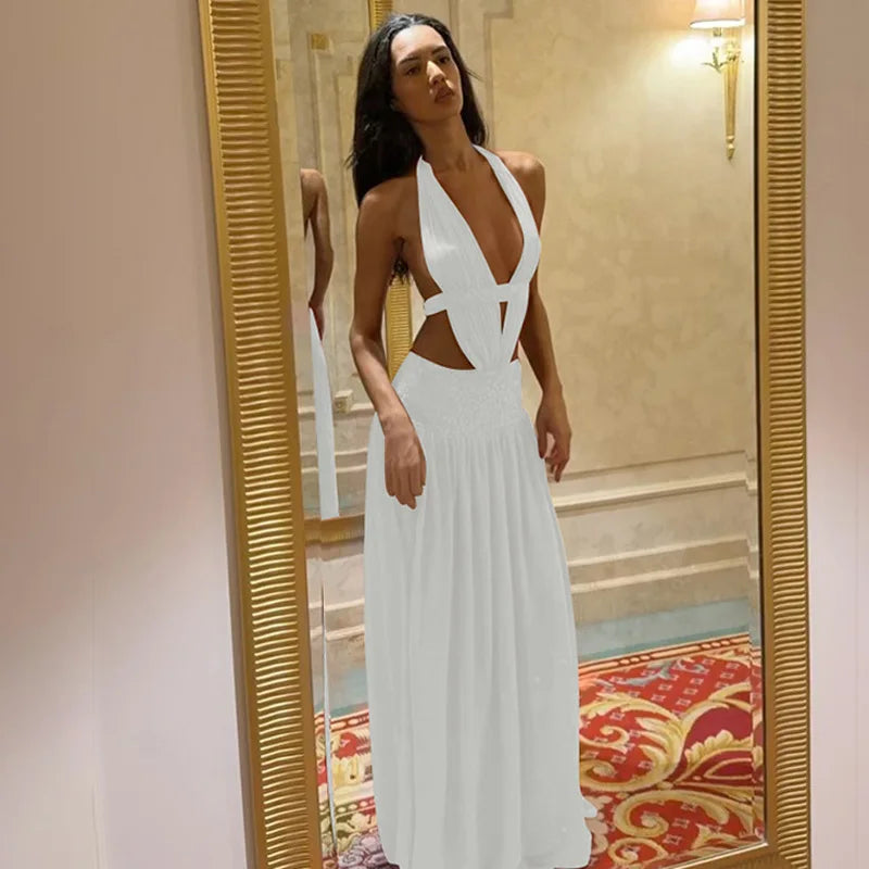 FDYOUI Sexy Halter Neck Backless Wedding Party Dress Women 2026 Summer Hollow Out Lace-up Long Maxi Evening Dresses Red Gowns