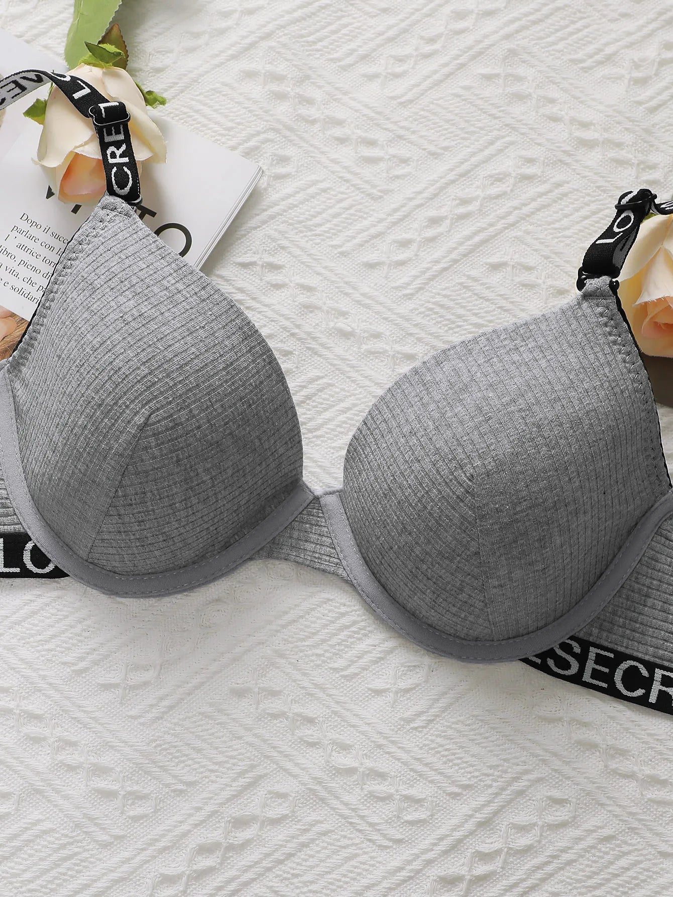Women's Grey Bra With Letter Band Design 3/4 cup Pull Up Sexy Lingerie Solid Color All Season Brassiere R8809