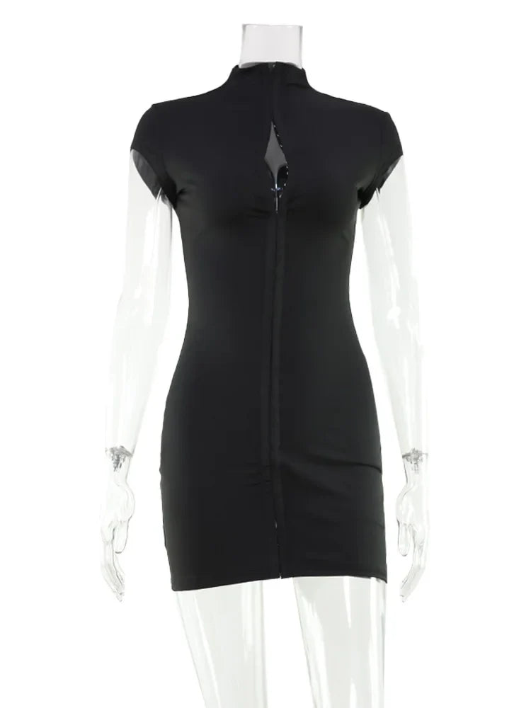 Ahagaga Sexy Club Women's Mini Dress Solid Half Turtleneck Short Sleeves Sheath Streetwear Single Breasted Bodycon Vestidos