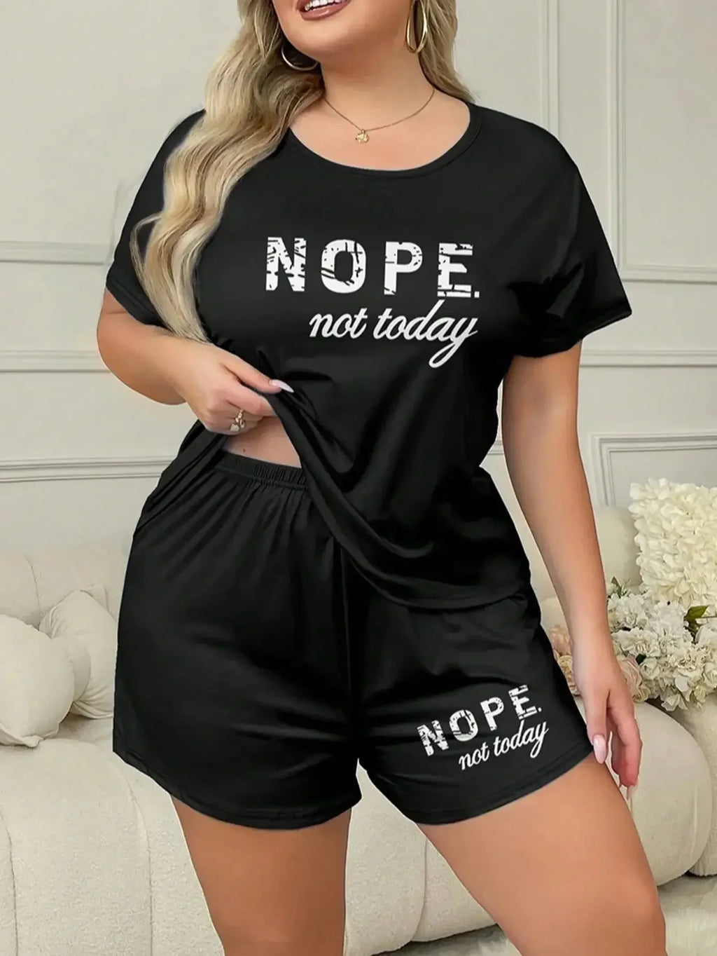 Plus Size 3XL 4XL 5XL Casual Loungewear Letters Print Pajamas Set Women's Short Sleeve Tee And Elastic Shorts Homewear