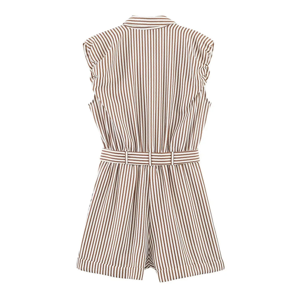 Women's Belted Striped Shorts Jumpsuit Women Striped Sleeveless Button Down Belted Pocket Detail Casual Jumpsuit For Summer 9X2T