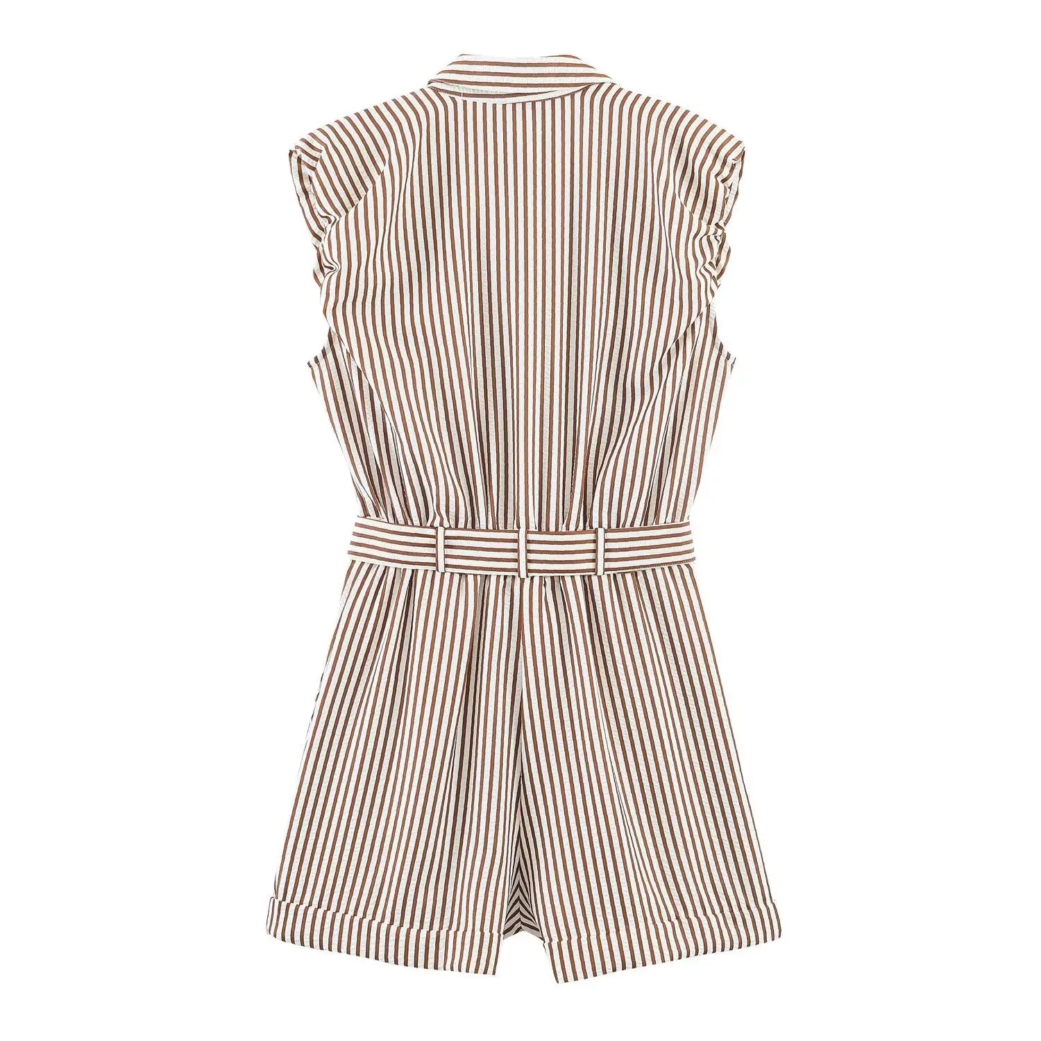 Women's Belted Striped Shorts Jumpsuit Women Striped Sleeveless Button Down Belted Pocket Detail Casual Jumpsuit For Summer 9X2T