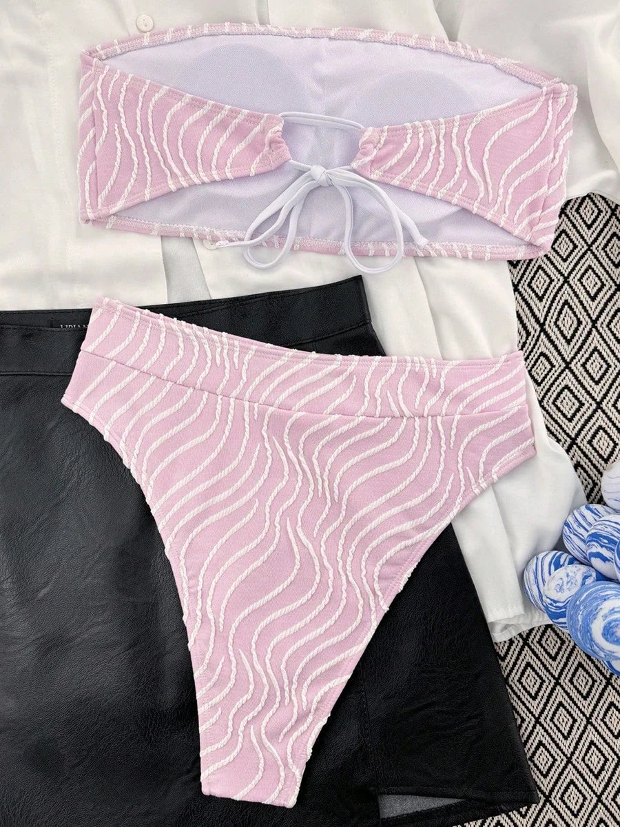 Wave Striped Bikinis High Waist Bikini Female Bandeau Swimsuit Women Swimwear Two-pieces Bikini Set Bathing Suit Swim Beach Wear