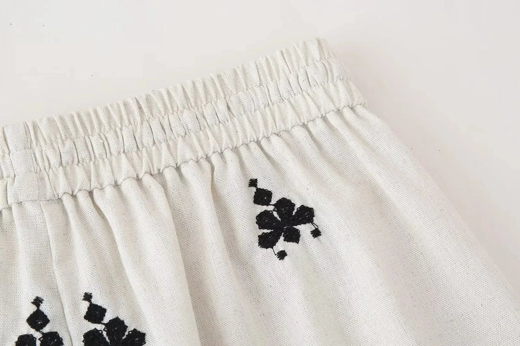 Foridol Geometric Pattern Embroidery Long Pants Women Wide Leg Beige Casual Summer Pants Elastic Waist Drawstring Pants 2025
