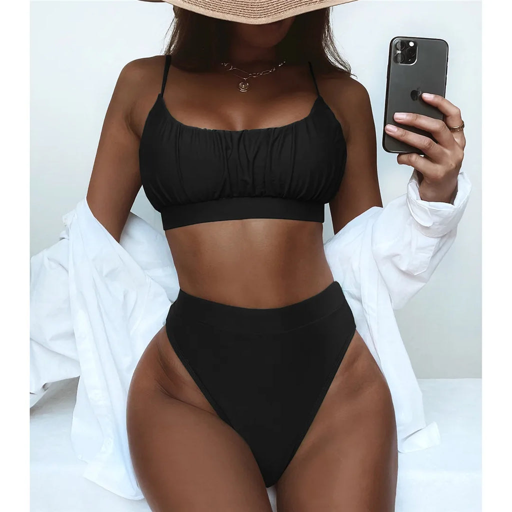 New Sexy Wrinkled Padded Female Swimsuit High Waist Bikini Women Swimwear Two-pieces Bikini Set Bather Bathing Suit Swim V3191